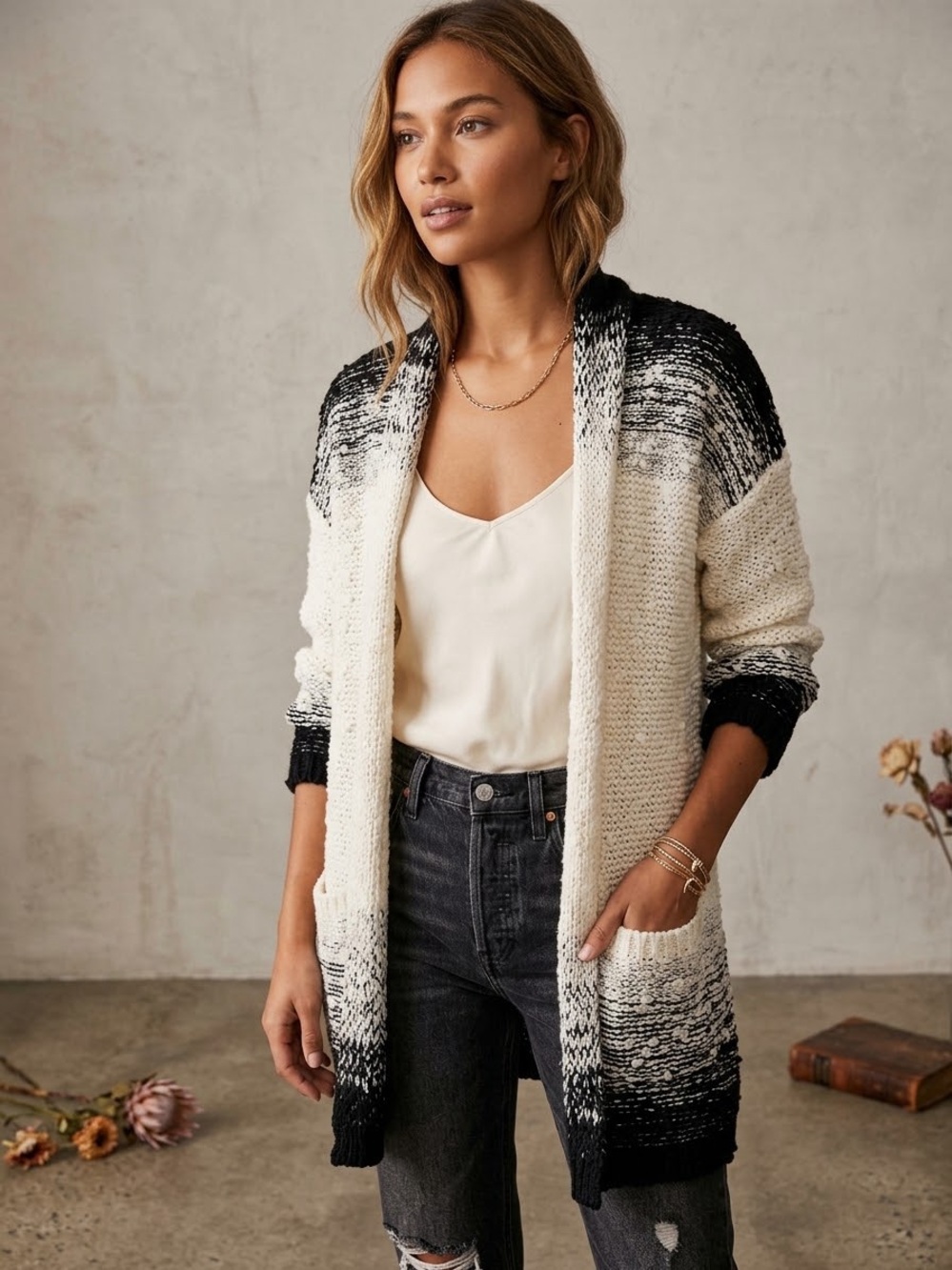 Anthropologie Akemi + Kim Black & Cream Ombre Open-Front Cardigan Duster
